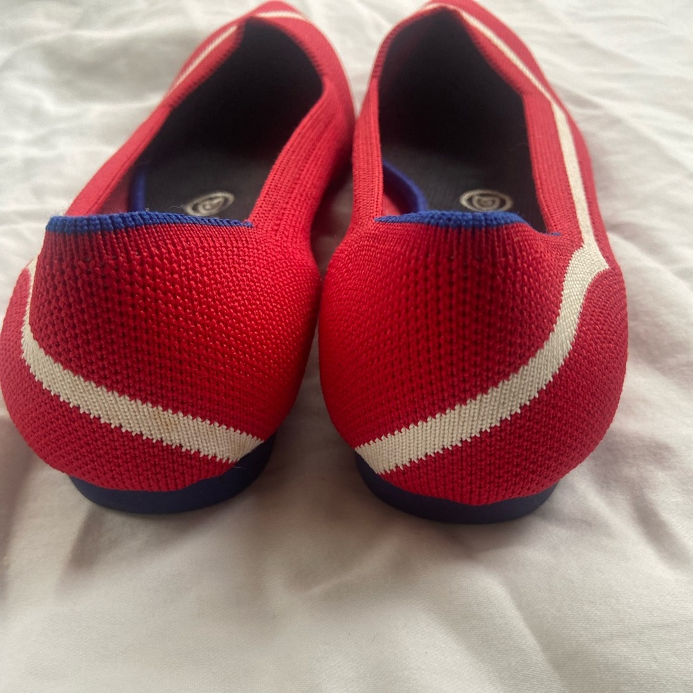 Rothy's Red Pointed Knit Flats with White Stripe - Picture 2 of 5